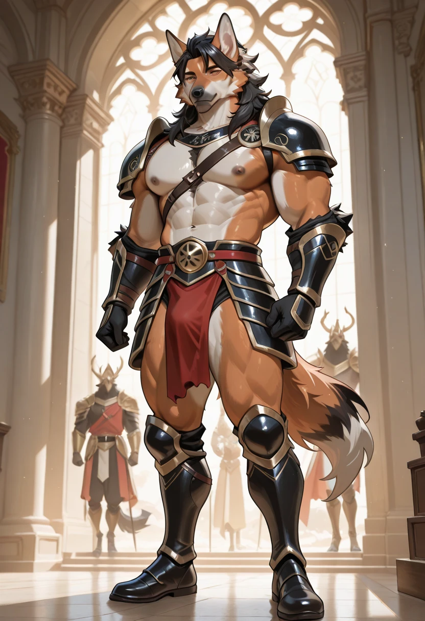 male dragon paladin, solo, masterpiece, best art, digitigrade, detailed hands, detailed eyes, detailed torso, proud expression, muscular, abs, nipples, pubes, armor, very detailed fur, fluffy