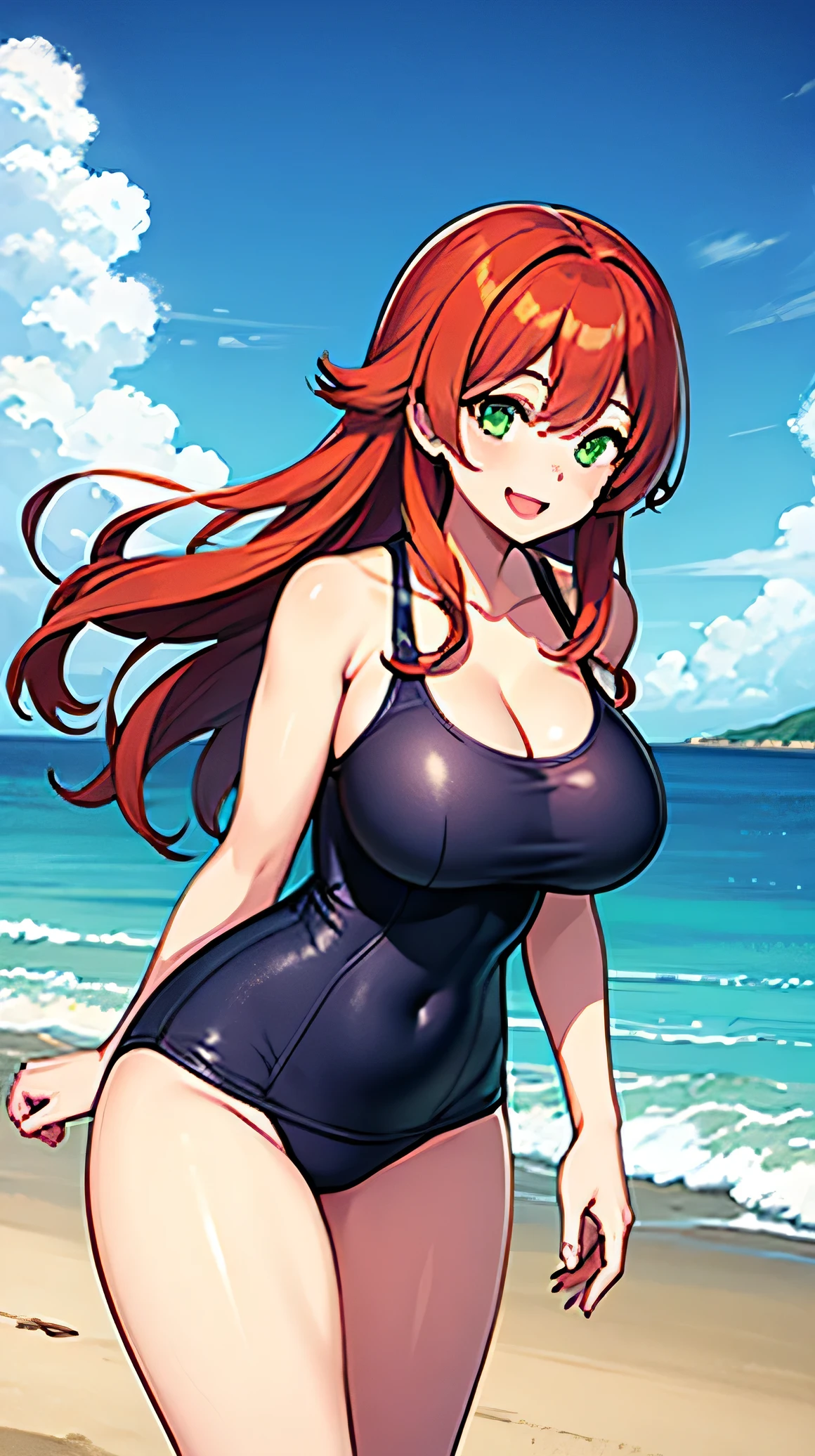 (((masterpiece、Highest image quality、highest quality、highly detailed unity 8kwallpaper)))、((Illustration of one girl))、(((beautiful girl)))、((red hair、Braid、sidelocks:1.4、blue eyes))、(((stocky build:1.5, thickset physique:1.6, muscular legs, broad shoulders:1.6, solid chest:1.5)))、swimsuit、sandy beach