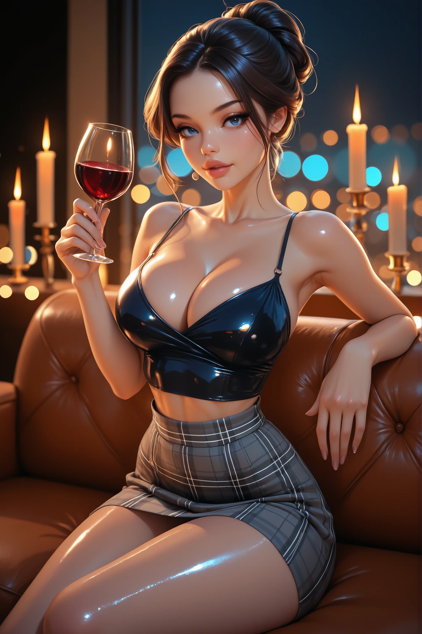 Milf, masterpiece, best quality, hrigh details, Ray tracing, hdr, volumetric lighting, bokeh, depth of field, full lips, glossy lips, shiny spagehtti strap top, sitting on couch, holding wine glass, candles lit, large breasts, ample cleavage, seductive look, fancy updo, skinny waist, grey plaid mini skirt, blue eyes