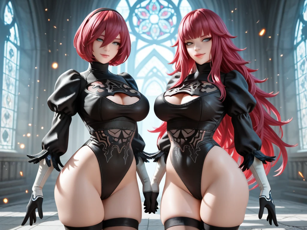((1 girls), solo, Big round breasts, trendy, stylish,, thighs, hips, realistic, pink hair, blonde hair, light green eyes, lip gloss, detailed face, amazing big eyes, eye details, big lips, eyebrow details, blush, confident, dominant, bdsm, smirk, naughty, mischevious face, HD, good quality, curvy, standing up, thick thighs, attractive, amazing body, perfect body, slim thick, sexy black lingerie, amazing breasts, shiny skin