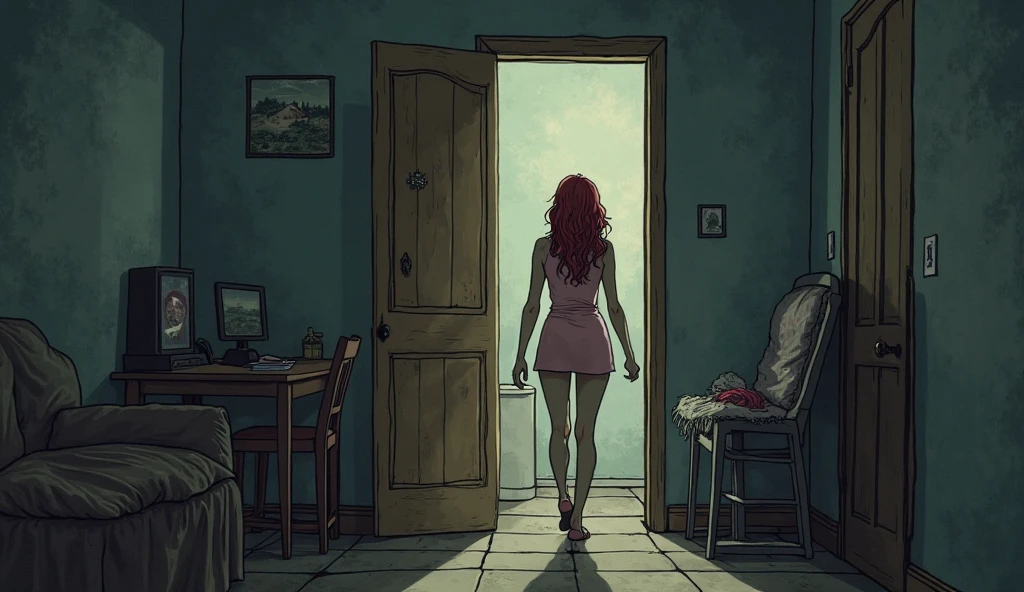 score_9, score_8_up, score_7_up, 1girl, solo, Shaggy Rogers, (female:1.5), female focus, female body,brown hair, long hair, green shirt, no pants, standing, cleavage, hands on face, nervous, oversized shirt, barefoot, full body, looking at you, inside a room, abandoned room, dark room, night