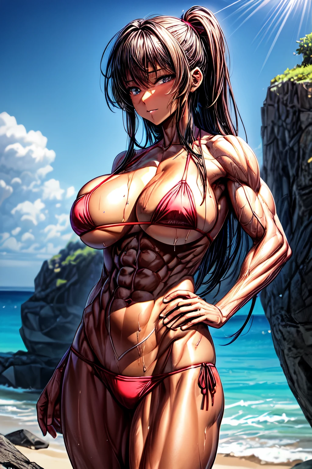 Ochako Uraraka, ropa apretada, poca piel visible, (( ruborizada, sonrisa, oiled skin)), pelo corto, cabello cafe, (( brown hair, piernas descubiertas)), curvy body, abs, muscle, muscle girl, big sagging breast , Iparuputsua, de pie en la entrada de un castillo, brazos a los costados, magic world background, mundo medieval .