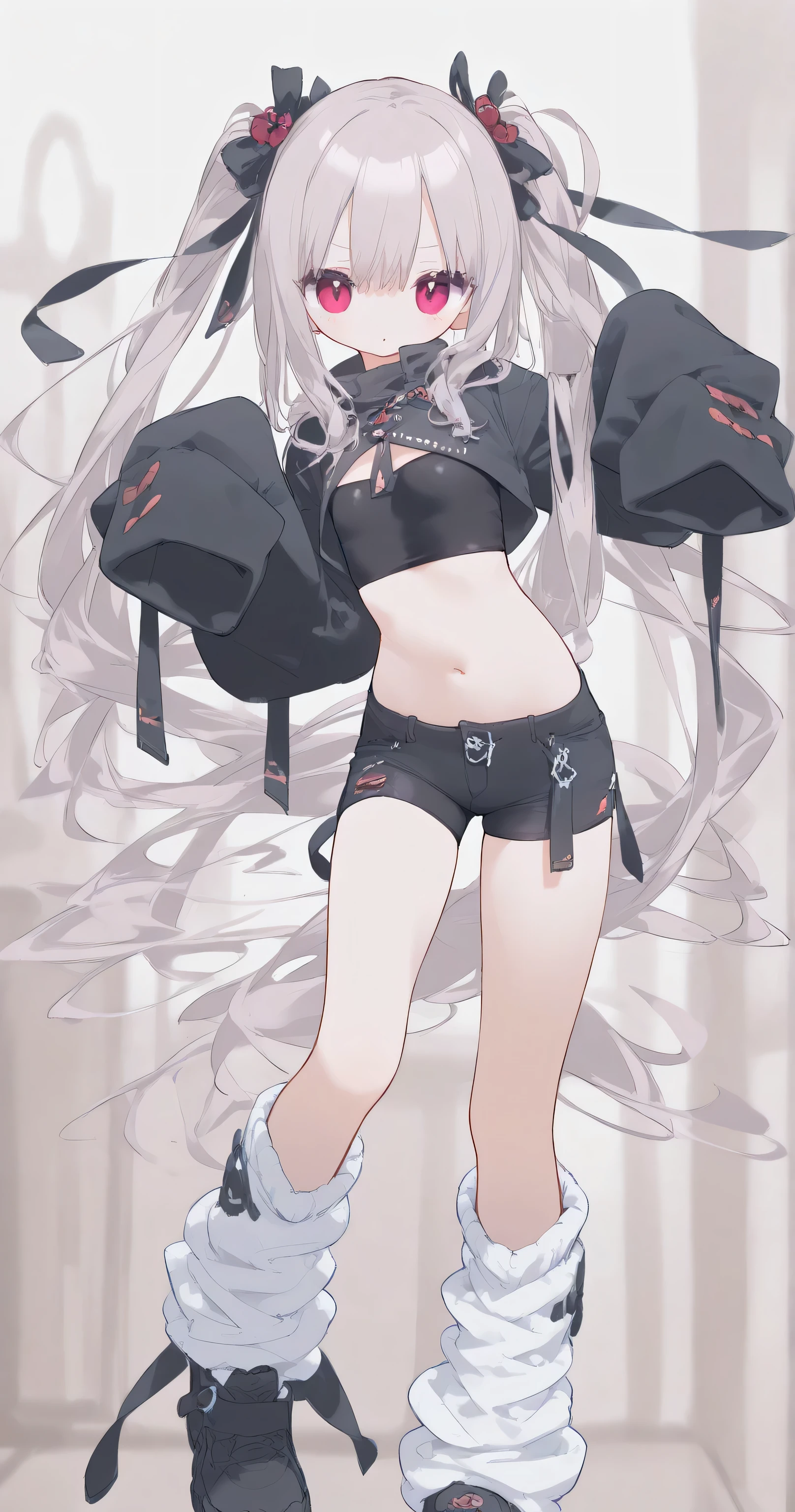 short pants, flat chest, clothed, covered body, tight clothes, cropped clothes, oversized longsleeve, loose socks, medium breasts, long hair, detailed clothes decoration, A dynamic pose, detailed background, cute pose, temptation pose