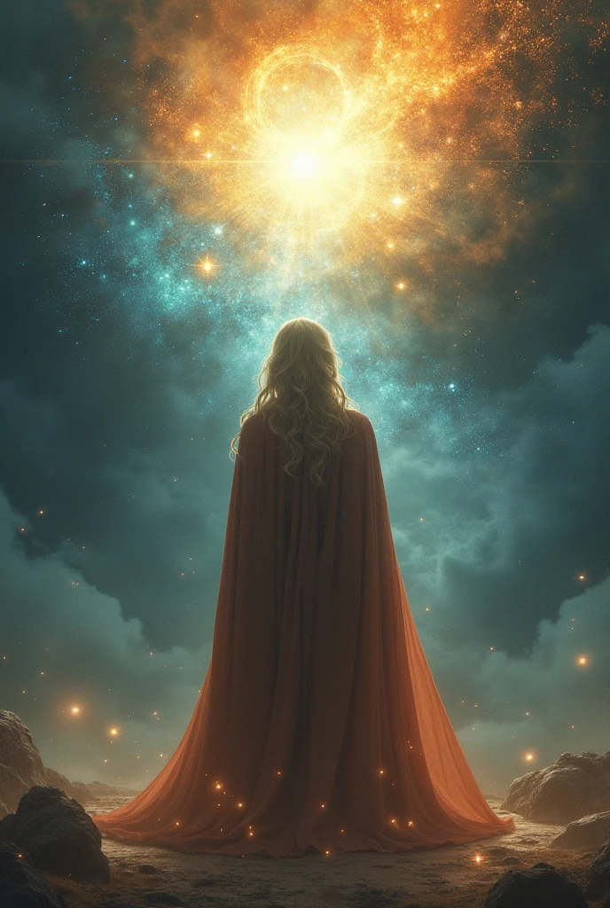 "A cosmic being" Landscape of the world and in the sky a series of constellations and magical entities, magia, estrelas, fora, Eclipse, Light in the center coming from a burst of light, mar com ondas e entardecer, magnificent gorgeous dramatic scene, 8k, magnifica, a human raising his hand making a conjuration in the universe in the center of the image as if pulling energy from the universe, magia, Explosion of magical light
