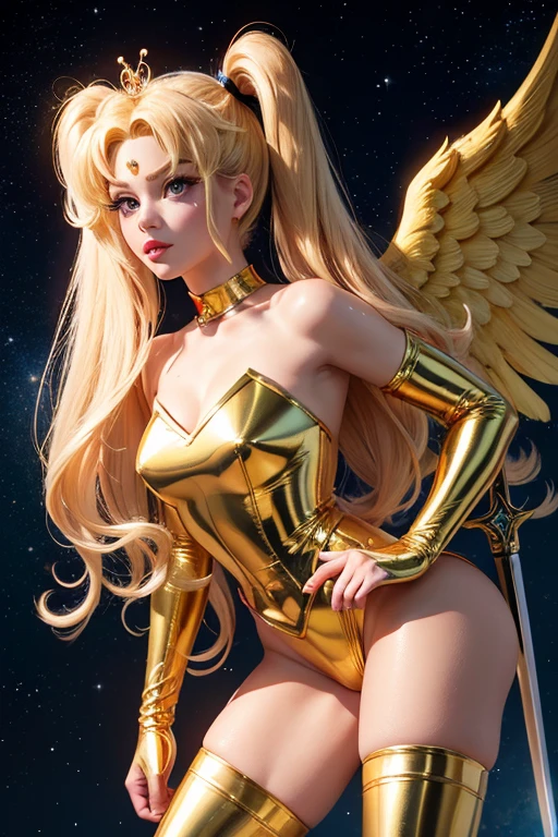 arafed woman in a gold space suit posing for a picture, gold sci - fi armour, golden armor, cinematic goddess body shot, gold heavy armor. dramatic, body golden armor, gold body, sleek gold armor, gold armor, golden armour, angelic golden armor, elegant gold body, artgerm julie bell beeple, golden armor with diamonds