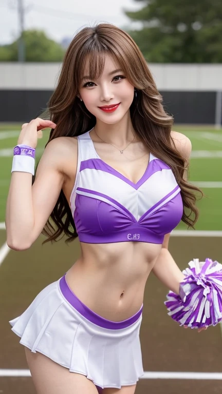 ((highest quality,High resolution,8k images、masterpiece:1.3)),Japan Female Face、20-year-old、((smile))、artistic figure woman、((big breasts:1,5))、Cheerleader、((luxurious costume))、((Cheerleader costume))、cleavage、Expose belly、Hort Hair、((stadium background))、