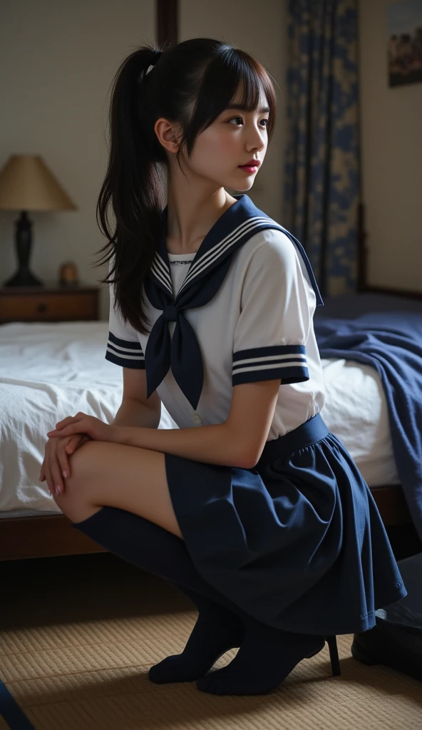 Japanese women Black Hair Long Hair bed In a sailor school uniform Blindfolded, hands and feet tied with rope Bird View (Full Body:1.4) Bright room (White panties visible through the skirt:1.1) Lie