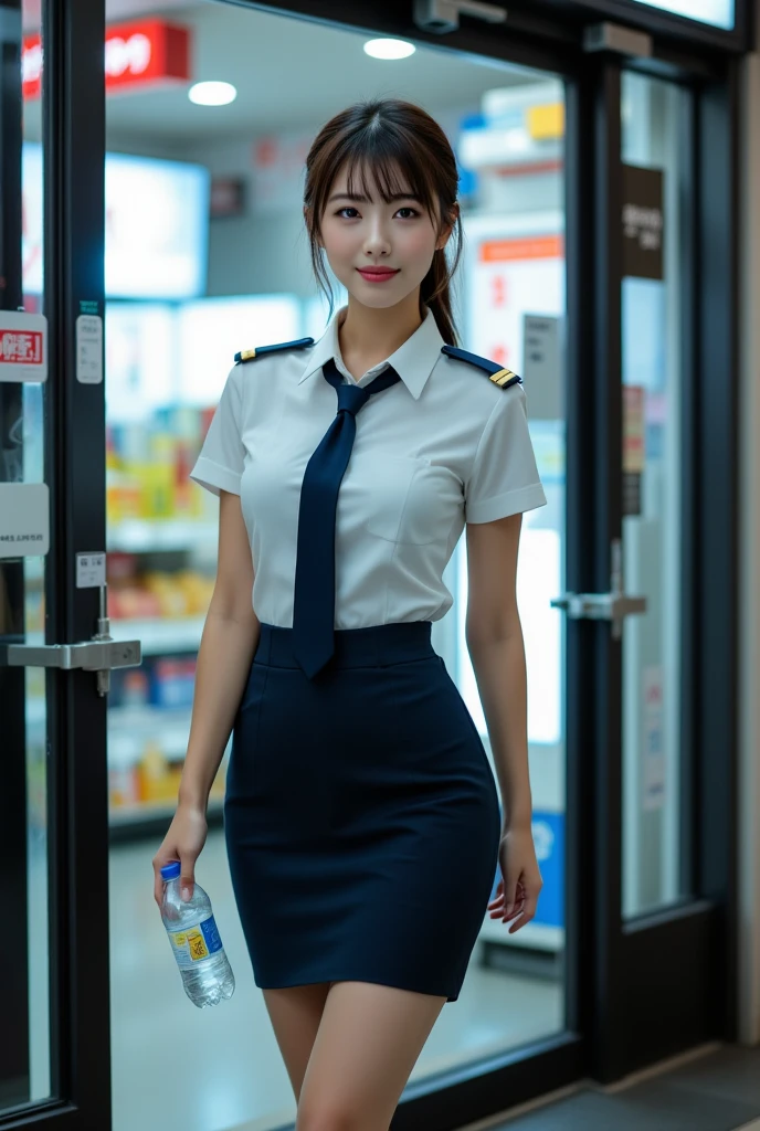 Convenience store clerk cashier , Highest quality, shape, Very detailed, In detail, High resolution, 8k wallpaper, Perfect dynamic composition, Beautiful details,  Natural Lip, Blue and white striped uniform panty shot , Big Breasts, Lawson&#39;s uniform is open，Cleavage, She is smiling happily while looking back in an erotic pose. ..., A masterpiece of the whole body, Whole shot