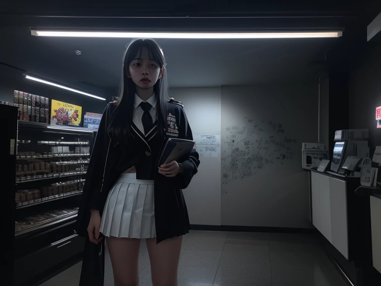 score_9 , score_8_up , score_7_up , source_anime ,best quality, very detailed, high resolution illustration, ultra high definition CG, 8K size wallpaper, (masterpiece),(ghostly , ethereal young woman with floor-length translucent , flowing attire , resembling a cloak),(((konbini,The background is inside a convenience store)))1girl, (((Japanese high school girl, ghost, pleated skirt and blazer uniform , pure,  cute face)))((long gray hair))((red eyes)) ((white skin)) ((black lips)) , cascading hair that adds to her ghostly appearance , Her face is gaunt , pale , ghostly , with a touch of sorrow , gloomy atmosphere ,(An illustration of surveillance camera footage, a downward angle from a ceiling camera, (a fisheye lens, a red "REC" and a recording mark in the bottom left of the screen, eight digits for the year, day, and month in white text in the top right of the screen, and the time 01:23 at night)),,Depth of field, fisheye lens, maximum resolution, aerial view.),