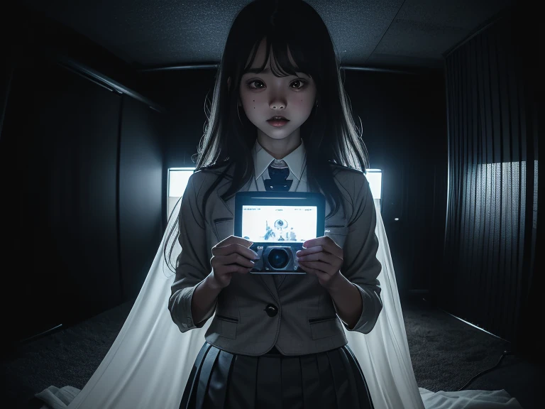 score_9 , score_8_up , score_7_up , source_anime ,best quality, very detailed, high resolution illustration, ultra high definition CG, 8K size wallpaper, (masterpiece),(ghostly , ethereal young woman with floor-length translucent , flowing attire , resembling a cloak),(((konbini,The background is inside a convenience store)))1girl, (((Japanese high school girl, ghost, pleated skirt and blazer uniform , pure,  cute face)))((long gray hair))((red eyes)) ((white skin)) ((black lips)) , cascading hair that adds to her ghostly appearance , Her face is gaunt , pale , ghostly , with a touch of sorrow , gloomy atmosphere ,(An illustration of surveillance camera footage, a downward angle from a ceiling camera, (a fisheye lens, a red "REC" and a recording mark in the bottom left of the screen, eight digits for the year, day, and month in white text in the top right of the screen, and the time 01:23 at night)),,Depth of field, fisheye lens, maximum resolution, aerial view.),