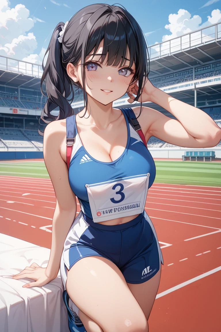 masterpiece,super detailed realistic illustration,1beautiful girl,track and field uniform,large breasts,slim body,nice legs,wet skins sweat,track and field,dramatic light