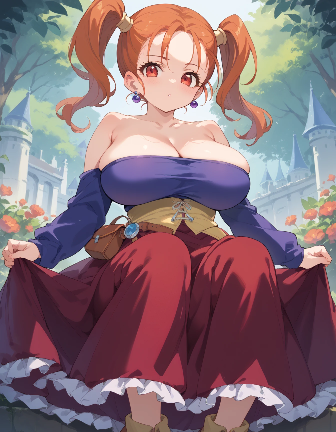 (best quality), (masterpiece), 1 girl, early 20's, huge heavy breasts, busty, massive breasts, thick, thick lips, wide hips, thin waist, jessica albert, Purple off-shoulder shirt, Long sleeves, Cleavage, Yellow corset, long red skirt