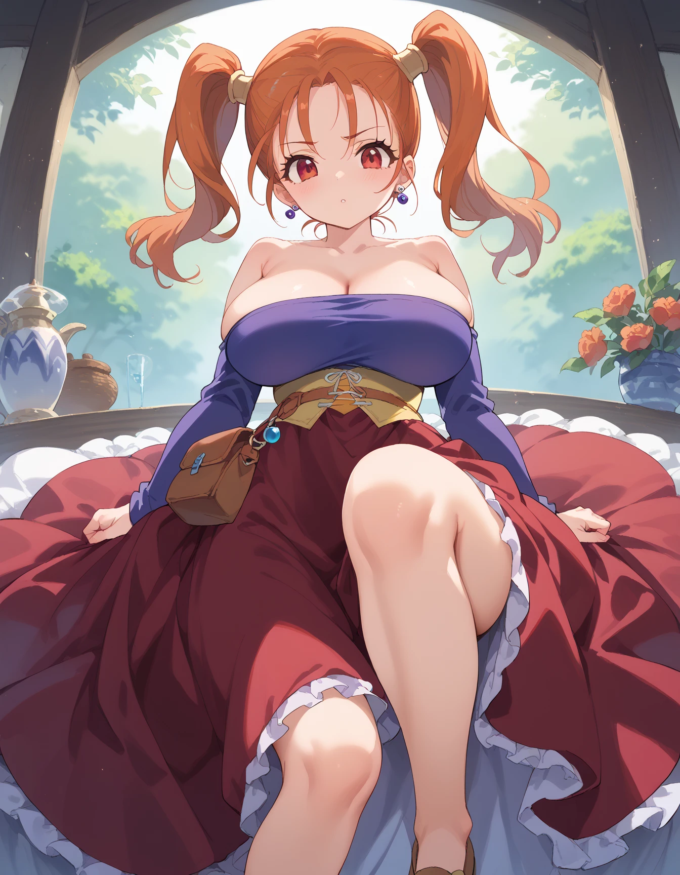 (masterpiece, Highest quality:1.2), alone, One girl, 、Kindergarteners、、、、の小さな体、Jessica, smile, blush、Twin tails, Purple Shirt, Strapless Dress, corset, Earrings, belt,Long skirt、 (Huge breasts:1.4)、Sit with your legs apart、Fancy lace panties、From above、is see-through、See-through panties、Thick white love juice、Drip a large amount of love juice、orgasm、Background grassland、Masturbation、masturbation behavior、Massage the breasts