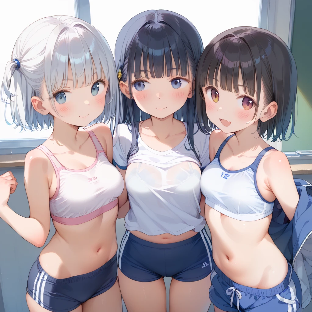 4girls,Bikini,breastsless,schoolswimsuit,masterpiece, best quality, very aesthetic, absurdres,(straight-on)