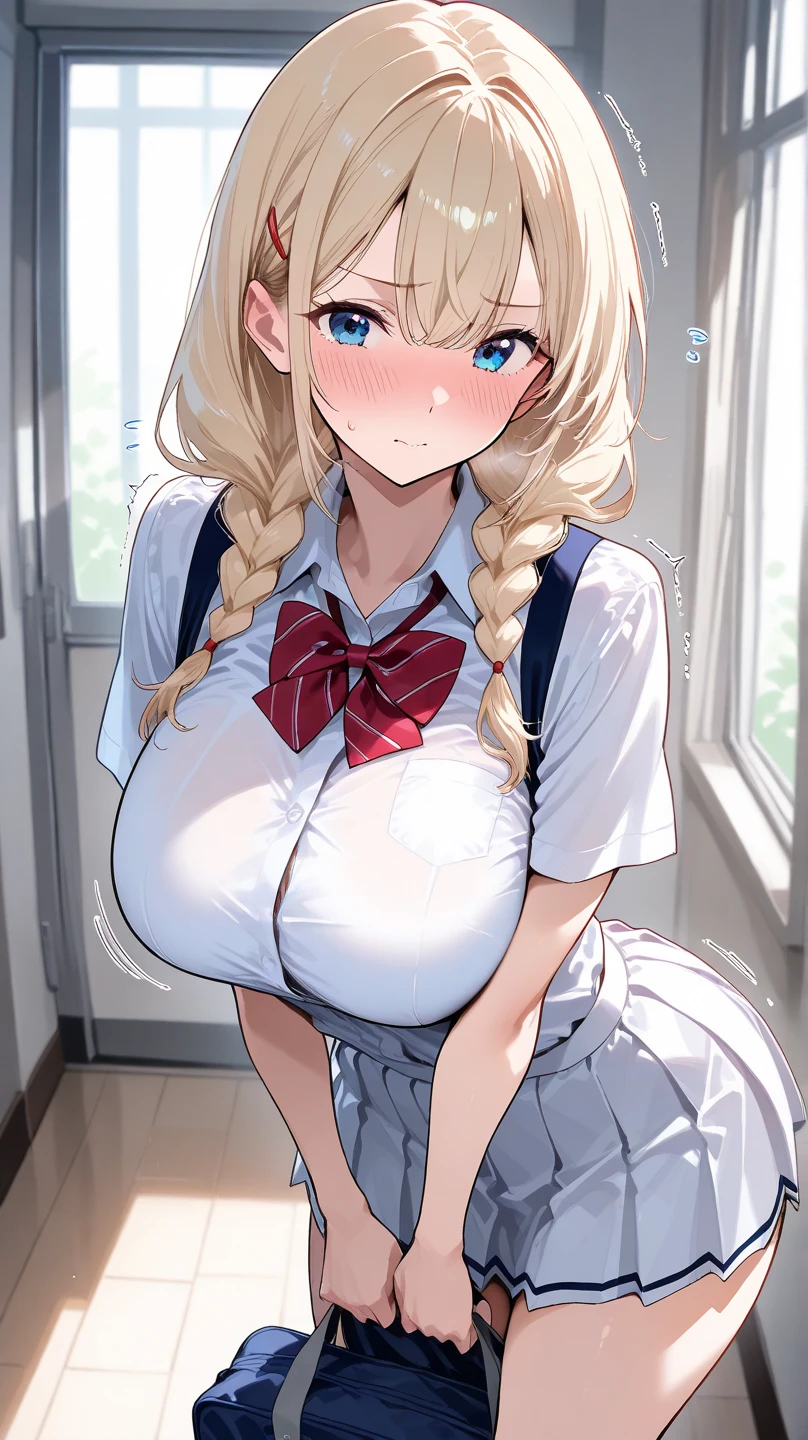 One Girl, High quality, Ultra detailed, best quality, insanely detailed, beautiful, masterpiece, cute, angly,smile,(( black Short pleated skirt, White blouse, Schools in South Korea:1.3)), sexy, A girl showing off her attractive breasts, ((Platinum Blonde Hair, Long Hair)),Pink Orb, fine grain, Beautiful Eyes, Delicate eyes, ((Hourglass Shaped Body, sexy body)), Correct Anatomy, Correct limbs, ((Huge breasts:1.5)), Juicy lips, Pouting, [Detailed Background (Schools in South Korea, South Korea Colleges and Universities, Seoul, South Korea)]BREAK((Black pantyhose)),((Side Shot)),((View from between the legs)),((tan skin:1.6))