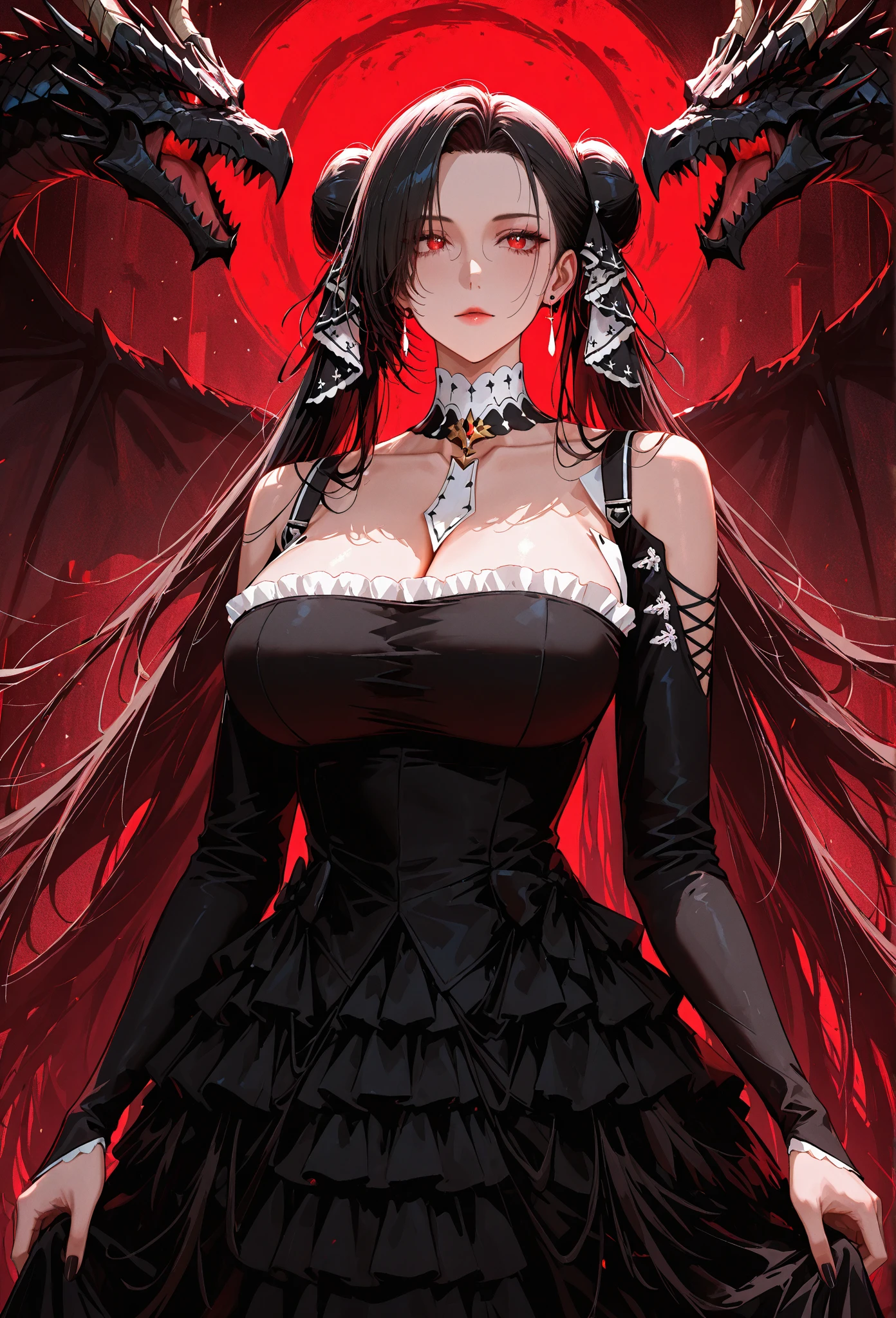 Masterpiece, Very detailed, Ultra-detailed, One, vampire-woman - pale skin, long black hair, blood-red eyes and detailed black dress, with huge breasts and around the moon and stars, terrible and terrifying atmosphere