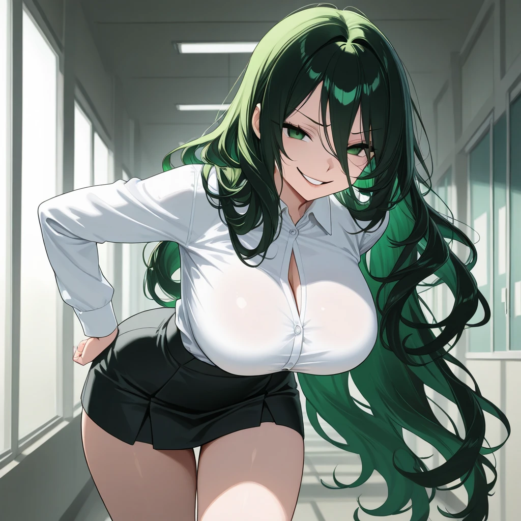 anime girl, beautiful, long green hair, blue eyes, hair clip, big breasts, cleavage, stylish black long-sleeved blouse, pleated skirt, choker, beautiful smile, hallway, blushing, mole on cheek