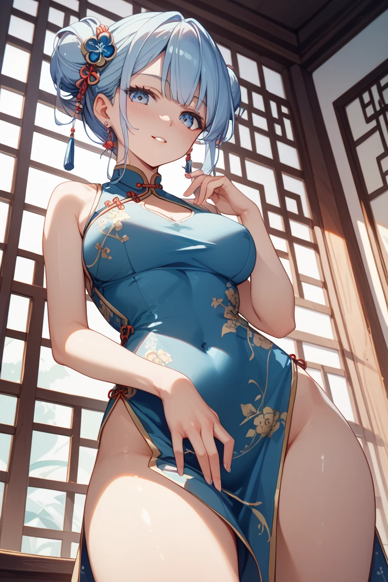 masterpiece, best quality, ultra-detailed,
Rem, re zero, Blue hair, Short bob hair, large breasts, cleavage, navel,
smile,((standing (on side) )),china clothes, long slit,((pretty face, cute girl, pretty)), 18_years_old_girl, ((tareme)),large eyes, glowing,