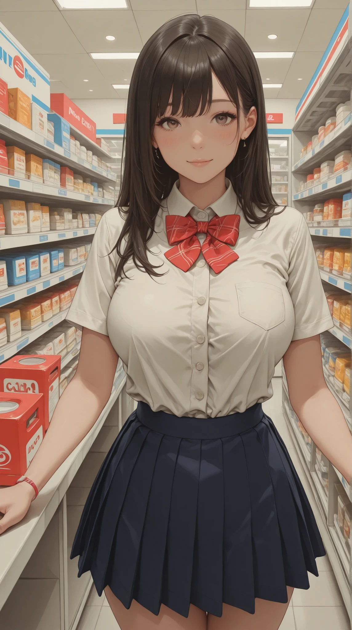 There is a woman lining up at the checkout counter holding a box of condoms., Condoms and boxes of condoms on the checkout counter、tits, big breastsを持つ, big breasts!!, tits proportions, big breasts!, big breastsを持つ, very_be familiar with!!, Sex,Convenience store checkout counter、Inside a convenience store、shopper woman、With a bright red face、shyly、((steam,sweat)), housewife、sexy milf, 