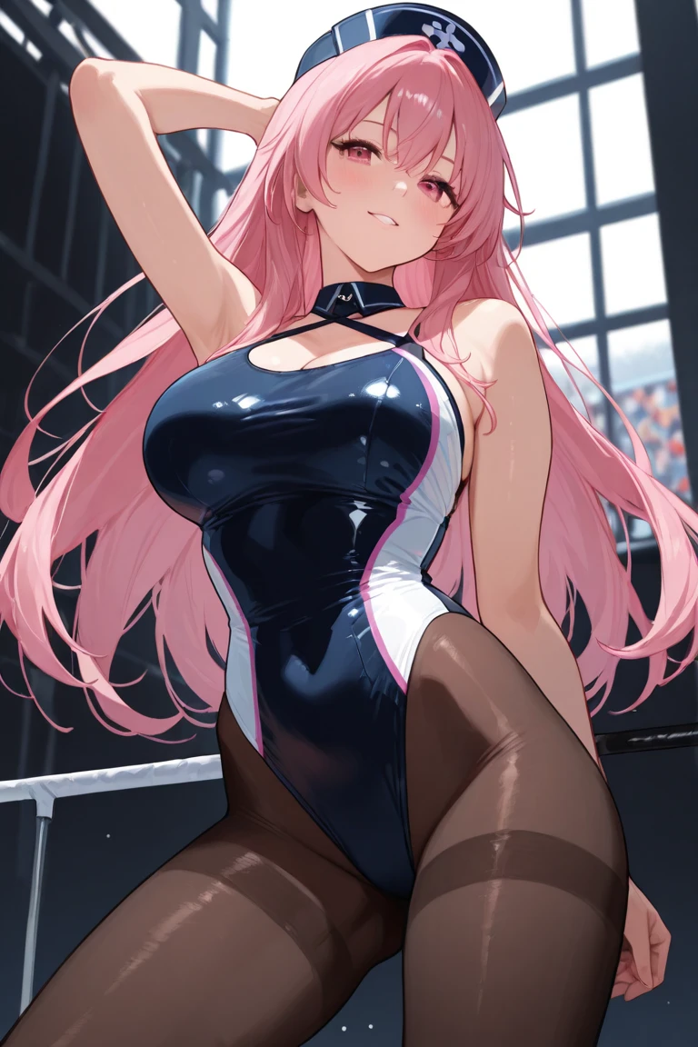 dominant girl at a bar is flirting with the viewer. (ultra-detailed,4k, 8k, high res, curvy,plus size anime girl,confident, seductive,erotic) curvy, plus size anime girl, seductive, erotic, thick thighs, thigh high tights, tight short dress, high heels, stilettos, vibrant colors, detailed eyes, detailed lips, blushing cheeks, enticing pose, soft lighting, alluring expression, flowing hair, captivating curves, seductive clothing, tight lacy dress, cleavage, flirtatious, artistic rendering, sensual atmosphere, top down angle, bar background, club, crowded place
