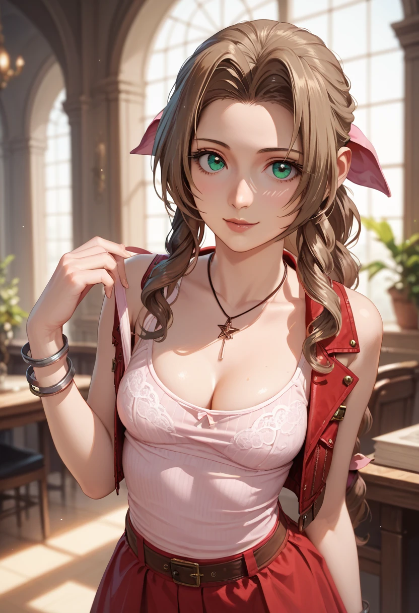 (masterpiece, 最high quality)
Air FF7, 1 girl, alone, long hair, bangs, brown hair, dress, bow, ribbon, jewelry, closed mouth, green eyes, red jacket, hair ピンクribbon, Upper body, Braid, hair bow, side lock, choker, necklace, lips, parted bangs, pink bow, portrait, ピンクdress, realistic,Super high quality,high quality,masterpiece,digital single lens reflex,Detailed details,exquisite details,based on anatomical basis,depicted in detail,detailed face,realistic skin texture,vivid details,perfect anatomy,perfect anatomy,anatomically correct hand,anatomically correct fingers,Super detailed,Complex 3D rendering,Huge ,sexy pose,The beautiful world of Final Fantasy 7,The morning sun is beautiful,Amazing blue sky,beautiful tulip field,mysterious tulip field,beauty like a painting,Take a full body photo,nine heads and bodies,pink lip,emphasize the beautiful whole body,beautiful nails,lazy smile,