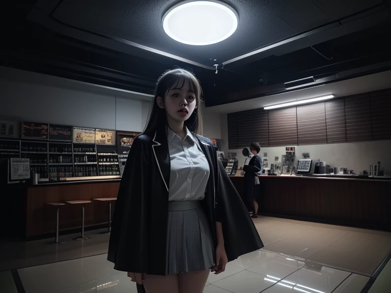 score_9 , score_8_up , score_7_up , source_anime ,best quality, very detailed, high resolution illustration, ultra high definition CG, 8K size wallpaper, (masterpiece),(ghostly , ethereal young woman with floor-length translucent , flowing attire , resembling a cloak),(((konbini,The background is inside a convenience store)))1girl, (((Japanese high school girl, ghost, pleated skirt and blazer uniform , pure,  cute face)))((long gray hair))((red eyes)) ((white skin)) ((black lips)) , cascading hair that adds to her ghostly appearance , Her face is gaunt , pale , ghostly , with a touch of sorrow , gloomy atmosphere ,(An illustration of surveillance camera footage, a downward angle from a ceiling camera, (a fisheye lens, a red "REC" and a recording mark in the bottom left of the screen, eight digits for the year, day, and month in white text in the top right of the screen, and the time 01:23 at night)),,Depth of field, fisheye lens, maximum resolution, aerial view.),