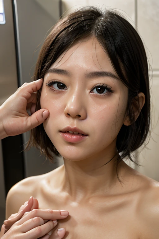best quality, 8k, very delicate and beautiful, highly detailed face and skin texture, shiny skin, high resolution, huge tits sexy blond short hair tanned skin japanese girl naked in dirty public toilet, with cum facial on her face, sharp focus