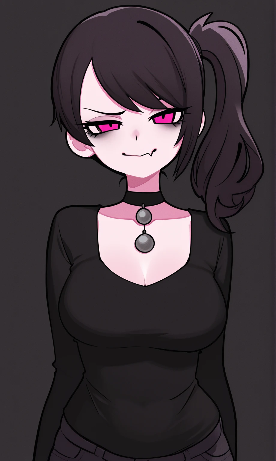 anime girl with black hair and black eyes in a black dress, in an anime style, in anime style, anime moe artstyle, anime style character, an anime girl, 1 7 - year - old anime goth girl, anime girl wearing a black dress, anime style portrait, anime styled, cel - shaded art style, sultry smirk, anime girl