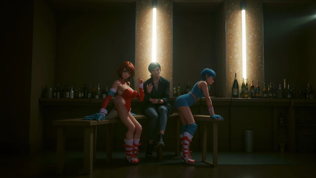 A group of 16-year-olds with orange hair jumping and swinging at a party. They have orange hair and others have gray hair. They are in a luxurious living room of young people at a party.
