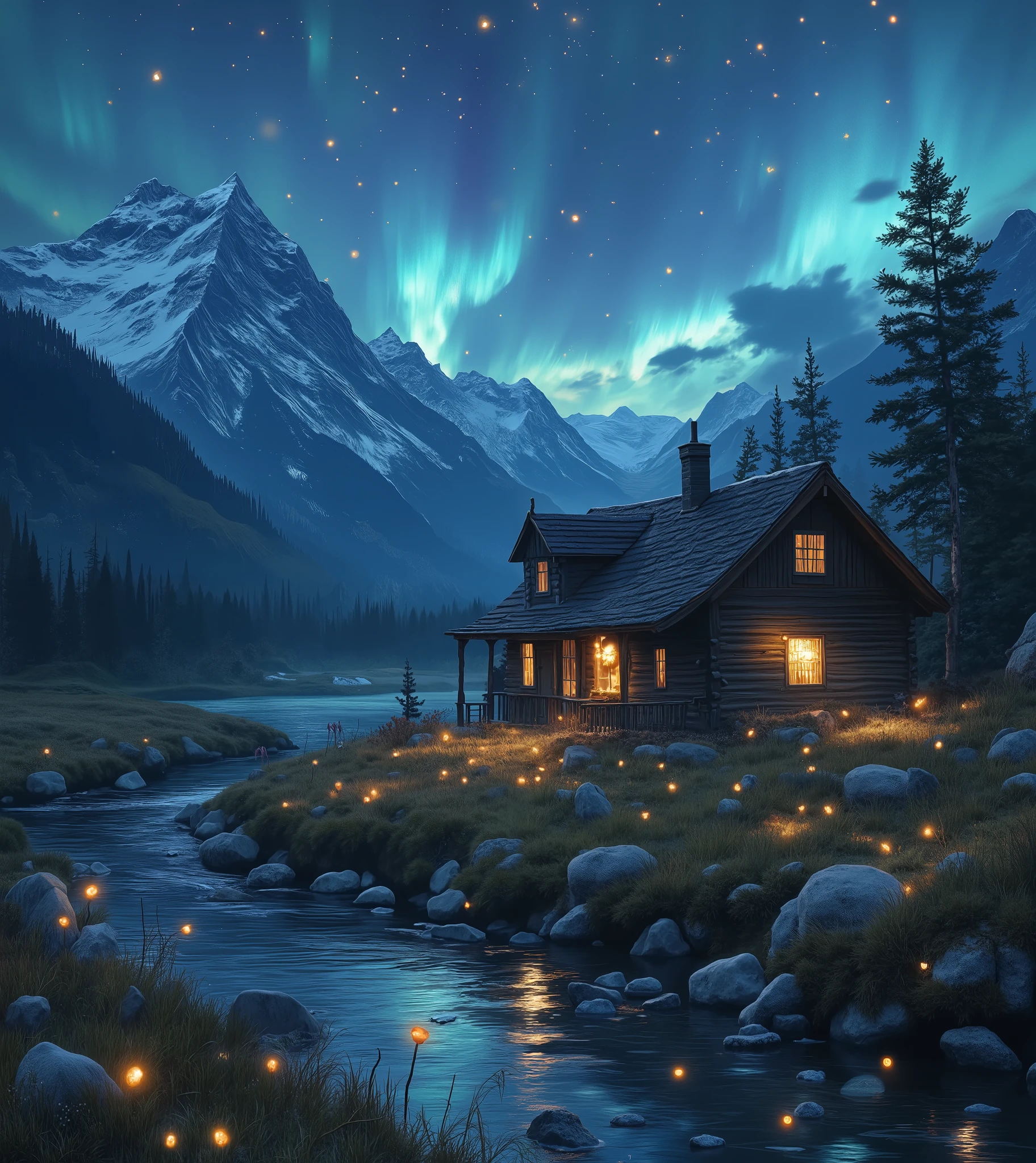landscape, mountains, isolated wooden house, night, river passing by, northern lights, fireflies, pleasant climate.