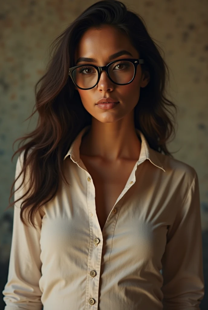 medium shot photo of a mix of (zainabt:0.8), women with glasses, and ( costume:0.5) sks woman, (large cleavage:1.1), intricate steampunk+ city, evening, dark, atmospheric, mist, best quality masterpiece, photorealistic, detailed, 8k, HDR, shallow depth of field, broad light, high contrast, backlighting, bloom, light sparkles, chromatic aberration, sharp focus, RAW color photo,