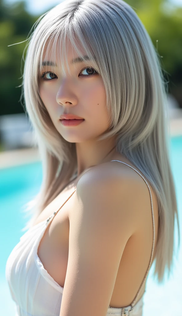 women, good body, medium complexion, platinum ruby hair, long hair with brown roots, sitting on the edge of a pool, exposed bust, visible breasts, no swimsuit, pose sensual