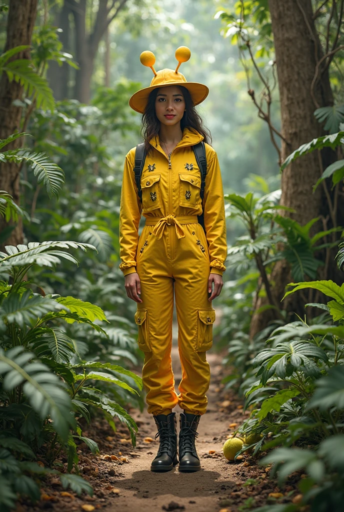 waist-up "female Astronaut in a Jungle" by Syd Mead, broken helmet tangerine cold color palette, muted colors, detailed, 8k