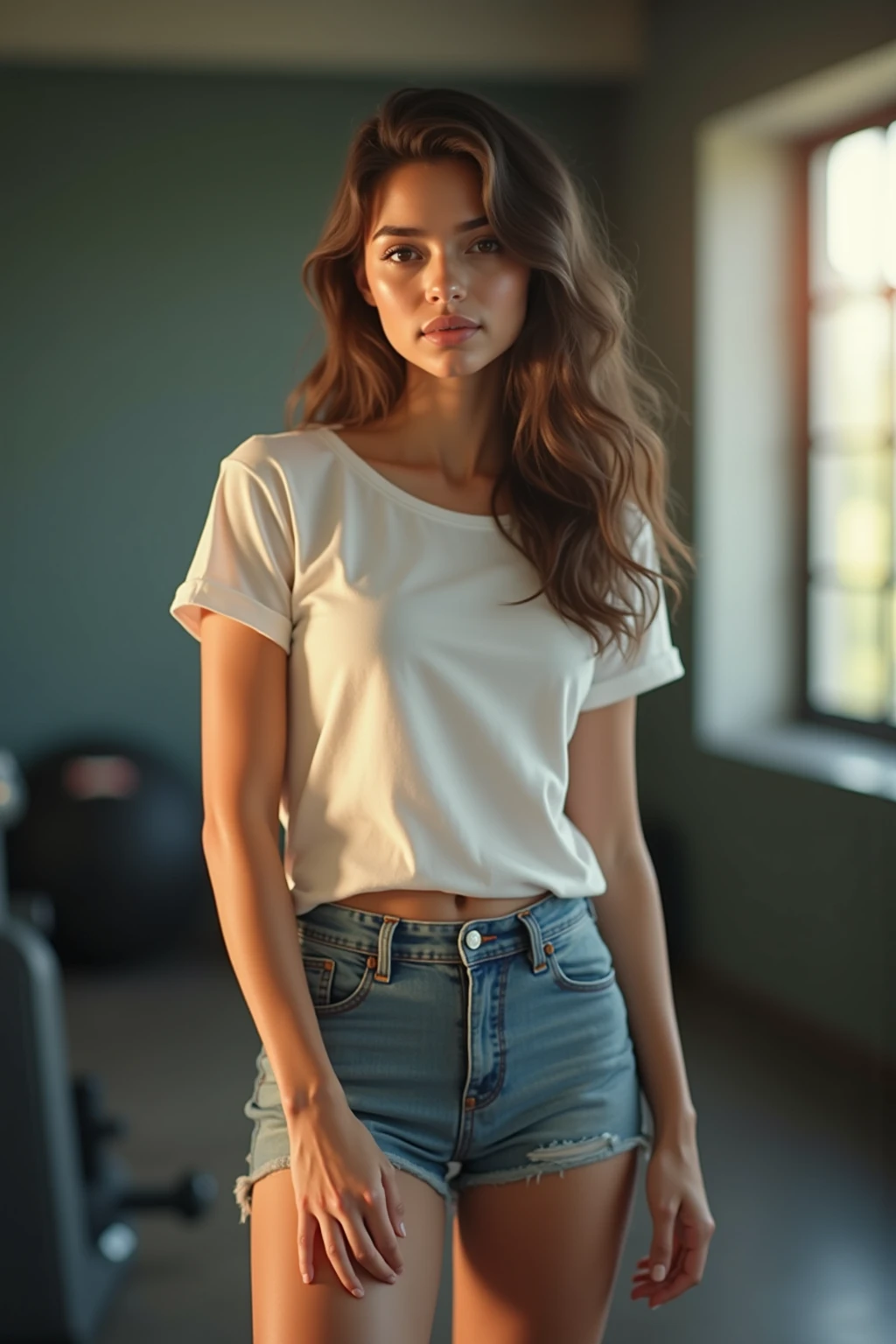 Imagine a female coroner with medium brown hair, that fall in turbulent waves full of life, shaping your face in a way that highlights your gray eyes, expressivos e penetrantes. Her mouth is fleshy, with well-defined lips, adding a touch of beauty to your appearance. The small and harmonious nose fits perfectly into the ensemble, making her a beautiful and captivating woman.

Your body is proportional, with defined hips and a thin waist, features that accentuate your elegant silhouette. She is wearing jeans that fit her shape well., paired with a plain white t-shirt, but which highlights its casual elegance. On the feet, she wears black ankle boots or ankle boots, without jumping, that give an air of practicality and determination, typical of someone who works in a demanding environment like forensic medicine. Do it with your feet showing off your tight pants and combat boots
