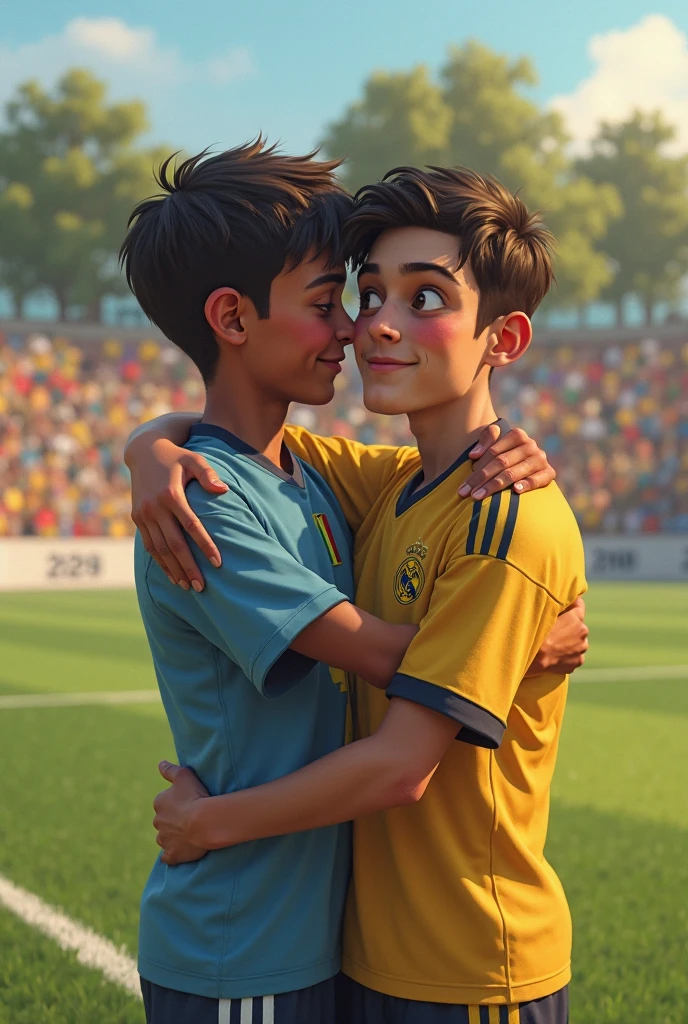 Soccer Boys。。Handsome。Sweaty。Dark skin。Blue uniform。Japanese。Photo style。Two people hugging each other