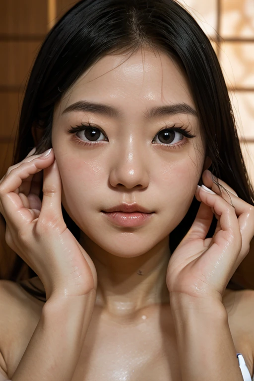 ((masterpiece, highest quality, High resolution, Photoreal, RAW photo, 8k wallpaper, Award-winning work))、 one beautiful woman、(accurate anatomy:1.1)、sexy woman, detailed face, bangs, soft little cleavage、(nude:1.2)、(Hair drenched in sweat:1.2)、wet hair、(sweaty and glowing skin:1.1)、(Skin that shines with sweat:1.1)、slender body、Beautiful face with perfect balance、(straight short hair:1.1)、perfect makeup、bright red lipstick、plump and beautiful lips, Beautiful and shining lips、(close-up of woman's face:1.5)、(Blurred luxury love hotel bedroom:1.1)、Warm and romantic lighting, moody colors、Bewitching、Overflowing sex appeal、Ultra high definition beauty face、ultra high definition hair、Super high-definition sparkling eyes、(超High resolutionの艶肌:1.1)、超High resolutionの艶やかな唇、glossy and bright lips、(a lot of semen on the face:1.5)、(Close up of cum covered face:1.5)、(completely closed lips:1.3)、(close your lips and smile:1.1)