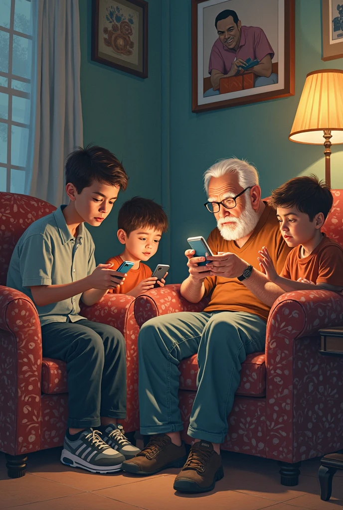 Image of a child watching television while a teenager uses his cell phone, an adult uses a notebook and an elderly person uses a cell phone. The people in the image are focused on the devices, without looking at each other. image in drawing. In the center of the image there is a space to write something