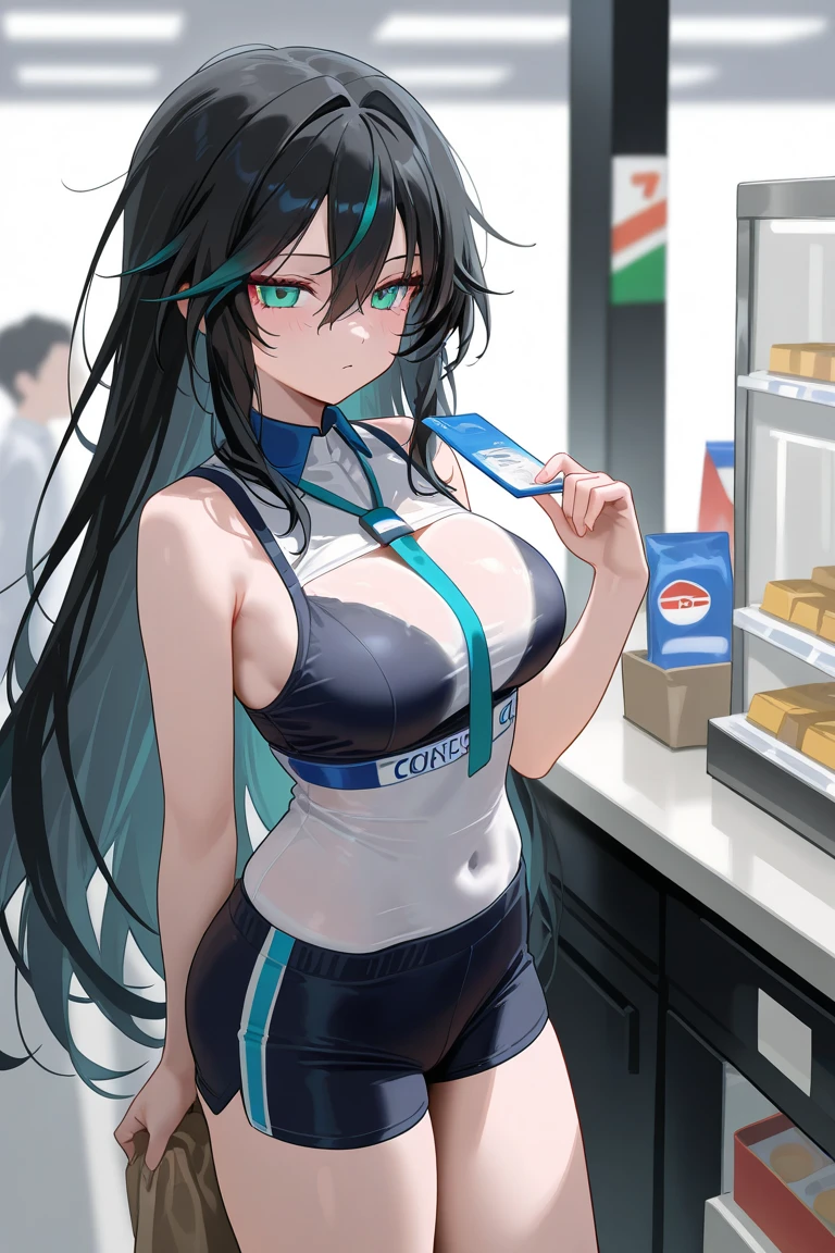 Standing Boys in background,matsuura kanan, striped bikini, topless, bracelet, sexy, in arcade,  areola slip,sweating,(sweat drops), soaked in sweat, netorare ,solo,fat,  in public, earrings, sitting, one leg up, cum on breasts,(cum on face:1.3), breastsapart,ahg, rolling eyes