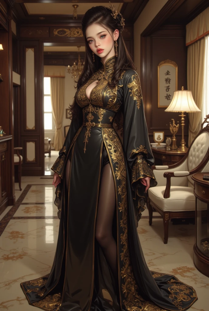 Setting: Royal bedroom - Grand, opulent, with rich fabrics and tapestries Character: Appearance: White hair - Short, styled in a sharp bob Full figure - Curvaceous Attire: High boots - Leather, reaching up the calves Elegant outfit - Befitting the royal setting (consider a dress, gown, or ensemble) Red tattoo - Delicate design on the navel Face - A confident smirk plays on her lips, eyes sparkling with amusement Pose: Full body - Standing tall Hands - Resting on hips in a commanding posture Additional details: (add to the background a four-poster bed, a plush rug, ornate furniture)