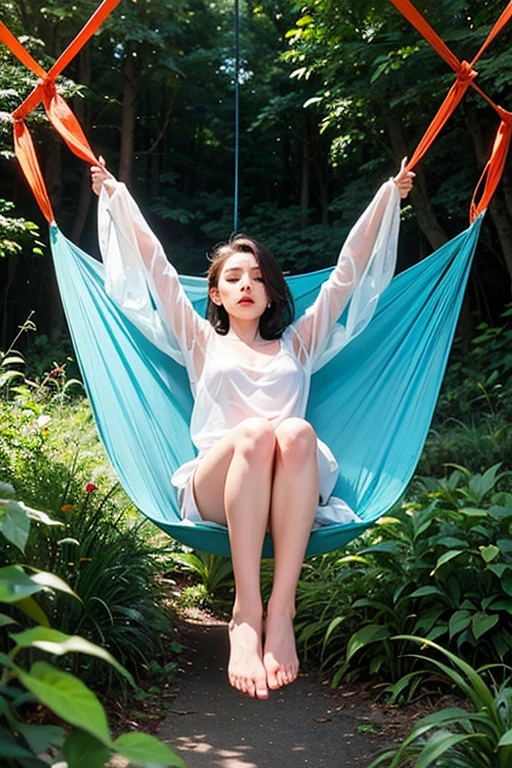 masterpiece, a high resolution, girl,sleep in a hammock, in a transparent nightgown, (Lady Traveler), forests, trees, mounted, tents, a picnic, an adventure  