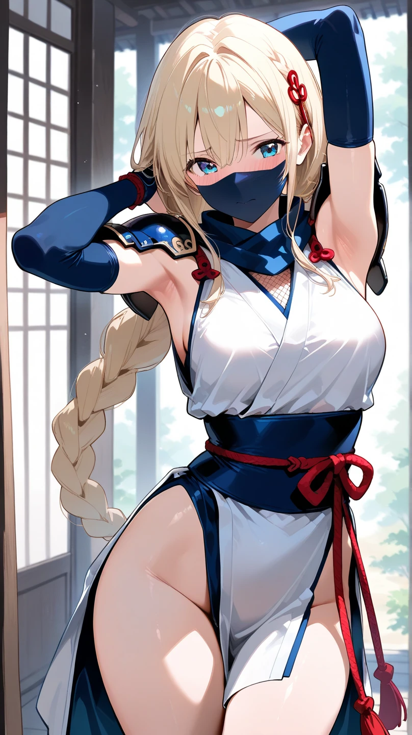 (Ino Yamanaka), blue eyes, long hair, blonde, which is always seen in a ponytail, hair with bangs, formerly small, covering much of her face, muscular, messy hair, huge breasts, standing up, sarashi white breast, sarashi, underboob, breasts bandages, arm bandages
(insanely detailed, beautiful detailed face, masterpiece, best quality) volumetric lighting, tone mapping, (looking disgusted), konosuba, (((no errors))), ((well detailed)), (((extremely well done)))