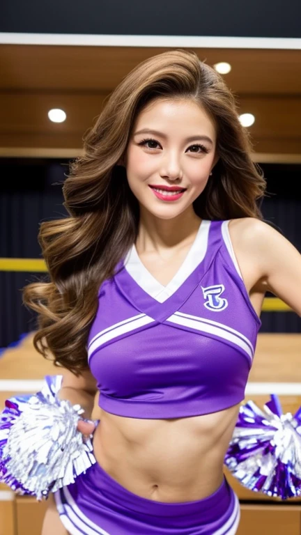 highest quality, masterpiece, Ultra-high resolution, (Realistic:1.4), RAW Photos, One girl, Most popular Japanese idols, Wearing only colorful cheerleading uniforms, Cheerleading at the stadium, From below, Dynamic Pose, The best smile, ((Similar to Nogizaka46's Erika Ikuta)), Very beautiful big black eyes, Very beautiful medium-long black hair, Very beautiful thighs, Very beautiful arms, Upturned buttocks, View your viewers, Detailed colorful cheerleading uniforms,
