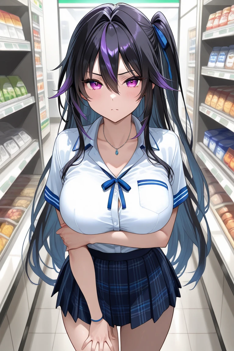 long hair, purple eyes, large breasts, , , empty eyes , large breasts, nipple, , Peeing, lactation, projectile lactation, Sweets shop, frozen, wet, crying ,, Naked, , (1girl) ,solo