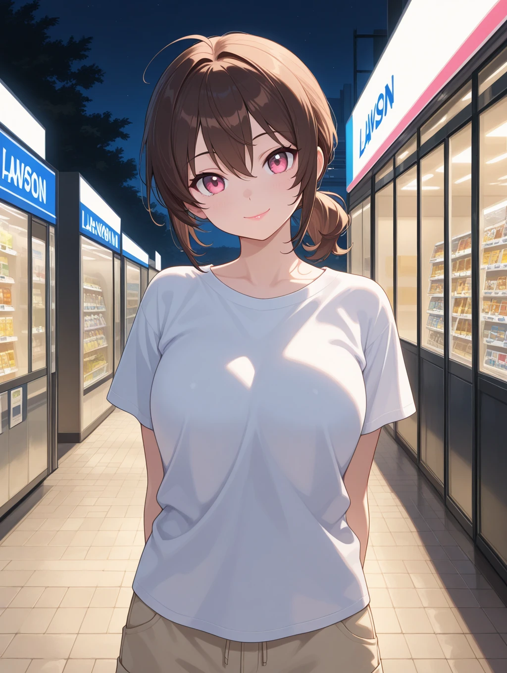 Nagino Sakura, brown eyes, brown hair, hair band, medium length hair, empty eyes , Running, wearing nothing, big anime eyes, , shiny hair, bare-skin, navel, the groin, BREAK in front of convenience store, large breasts、 Nipples, nsfw, nipple , wet, Flooding. sea. solo
