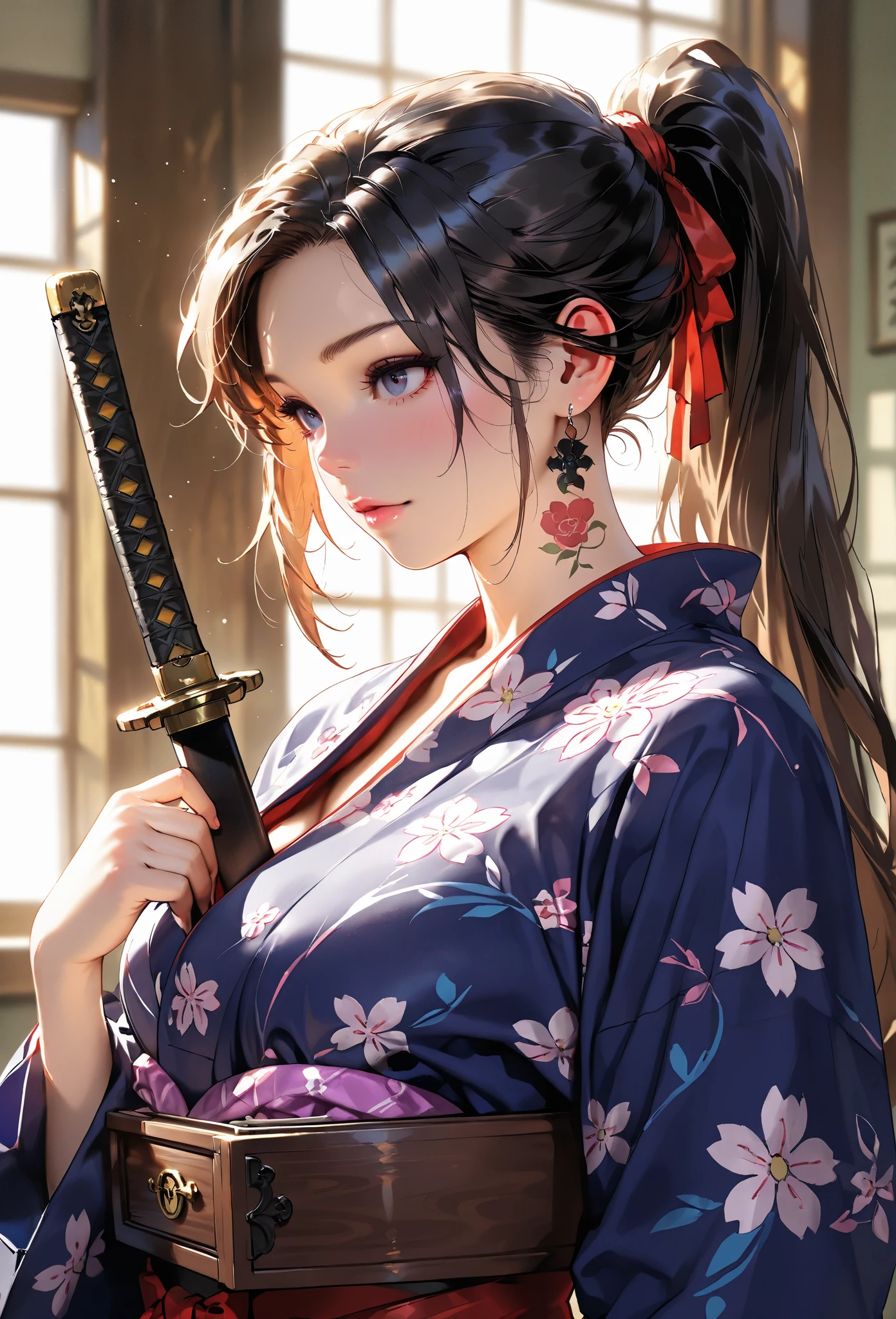 (Browsing Caution), (RAW Photos), (Realistic), (Photorealistic), Ultra-high resolution, masterpiece, Highest quality, Portraiture, facial Portraiture, Perfect lighting, Detailed lighting, Dramatic Shadows, Ray Tracing, Pure Eros Face_v1, Urzan-6500-v1.1, ((holding a Japanese Katana)), looking at viewer, ((wearing a sexy kimono)), ((in old Japanese street)), (((bare shoulders))), ((night)),