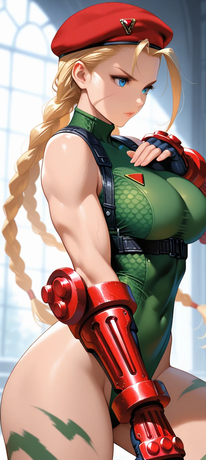 (1 girl), (cammy from street fighter), young girl, muscular feminine physique, seductive face, seductive look, long blonde hair, perfect muscular body, super skinny legs, (swollen bulging pecs:1.15), (combat ready pose), (huge muscular arms:1.15),