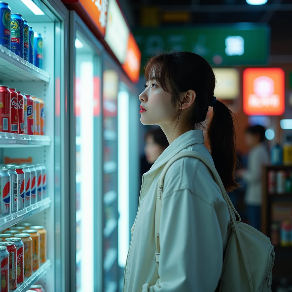 night、A subculture girl、Drinking juice in front of a convenience store