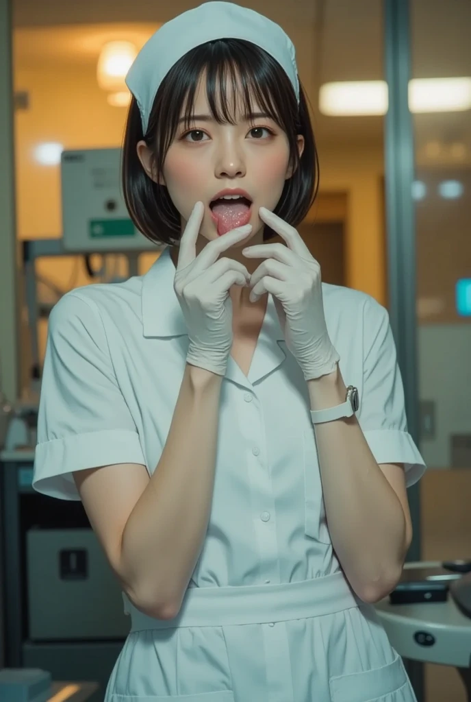 highest quality, Detailed workmanship、high resolution、(8K, High resolution:1.2)、raw photo, photorealistic、slender body shape、high definition face、Face is in focus、high definition eyes、(Focused, symmetrical pupils:1.2)、High-definition and beautiful skin、firm skin、natural makeup、gross lip, High-definition hair texture、masterpiece、japanese woman、nurse、nurse、17 years old、very cute, very short hair break (White nursing uniform、白いnurseの制服:1.3) break on the hospital bed、(very embarrassed:1.3), (blush:1.3), (Sad face、Watery eye:1.3)、Staring at the camera:、wide shot, I have my mouth slightly open、(blowjob、male、sucking a big dick:1.3)、(cum on face:1.6)、(various shooting angles:1.3)、medium breast, nsfw 