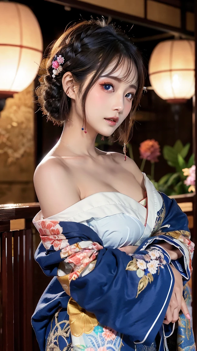 Mix 4, (8k, Live Shooting, Highest quality, masterpiece: 1.2), (Real, Photorealistic: 1.37), 一人のgirl, cute, night, rain, Wetty, Professional Lighting, Photon Mapping, Radio City, Physically Based Rendering, Gradient black hair, Gray Hair, Short Curly Hair, good looking, girl, Highest quality写真, High resolution, 1080P, (Clear Face), (Detailed face description), (Detailed hand description), (masterpiece), (Exquisite CG)、Extreme light and shadow、Disheveled Hair、Masterwork、Rich details、(Fine facial features)、(Highest qualityの写真)、(Masterpiece)、(Detailed eyes)、Look in front of you、Detailed clavicle、((Mid-breasted))、Nipple erection、Sexy、Lady、Clear、Smooth Hair、Clothes are not shiny、yukata、kimono、赤色の生地のkimono、花柄のkimono、Summer festival、stall、Begging expression、Looking up、Camera angle from above、The image angle depicts the woman from above.、Looking up、The gesture of looking at someone by turning only your eyes upwards、Face slightly downwards、Looking up only with eyes、