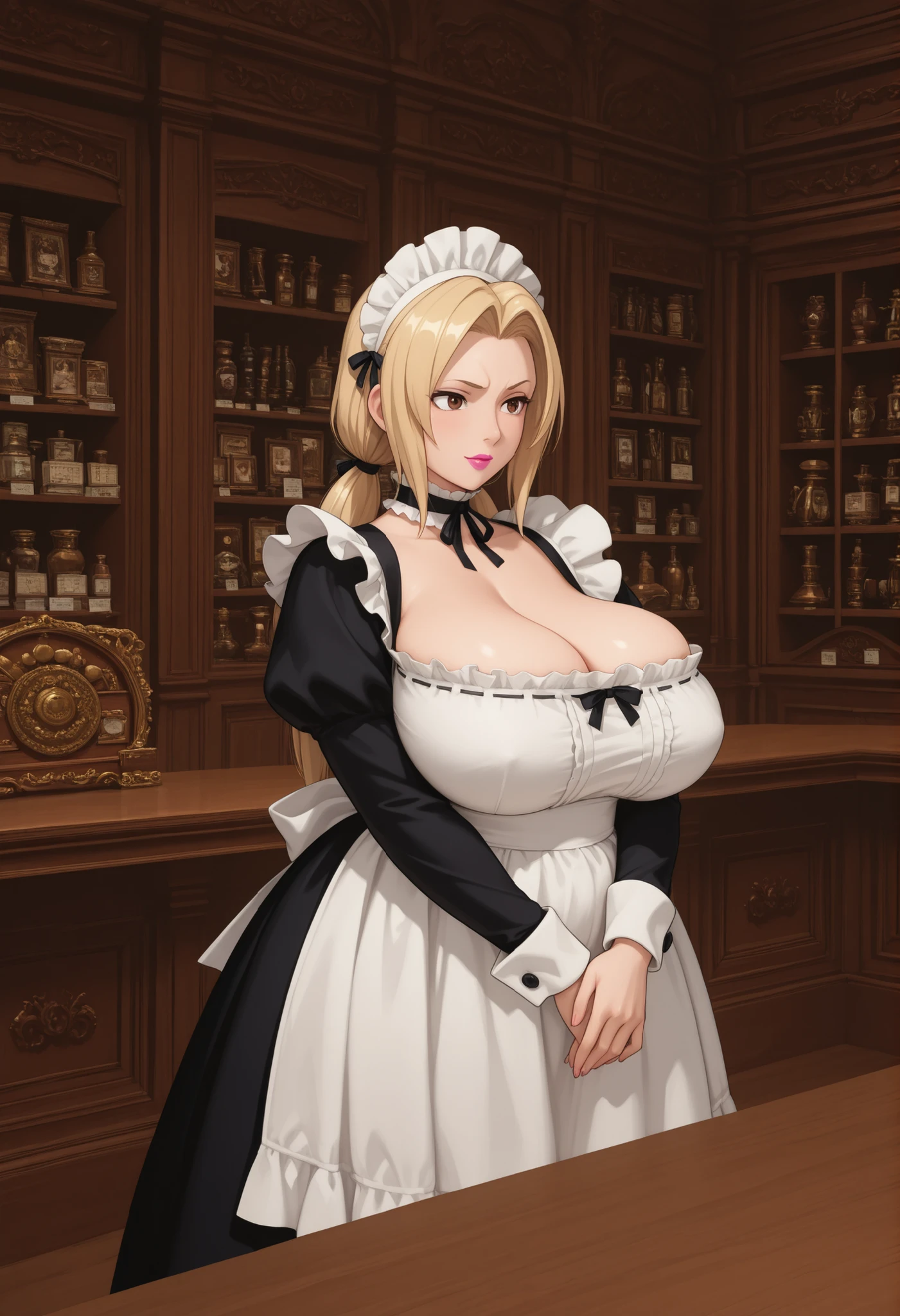((femele,Colossal breasts,huge-breasted:1.4, (huge-breasted:1.8),とても唇が赤いhuge-breastedを強調,Big ass,big breasts thin waist,long legged,greenish-blue eyes ))
((mansion))
8k(((((modern maid clothes))))
8k(((((Good depiction of anime faces)))))
(((((Naughty look)))))